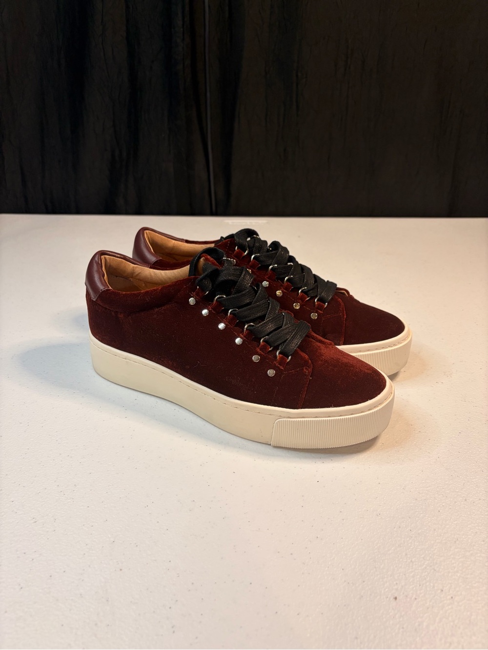Joie Burgundy Velvet Platform Sneakers Low Top Studded Heel Womens 39